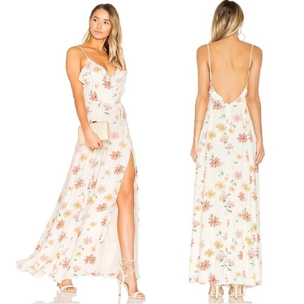 Privacy Please Karen Maxi Dress Floral White Orange Pink Leg Slit Ruffles Small